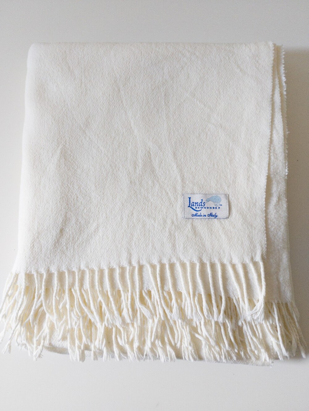 Lands Downunder Italian Herringbone Throw Blanket Pure White Fringe Made in Ital